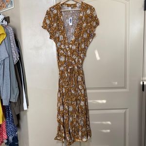 XL tall old navy floral wrap tie dress yellow NWT